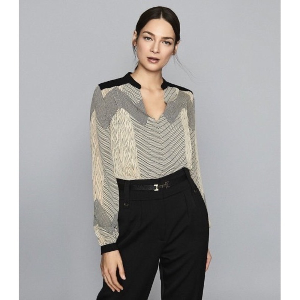 REISS Zanna Zig Zag Print Blouse US 2 XS Black Neutral Geometric Sheer NWT $255